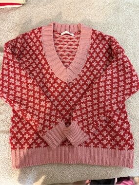 Altar'd State Pink and Red V-Neck Patterned Knit Sweater